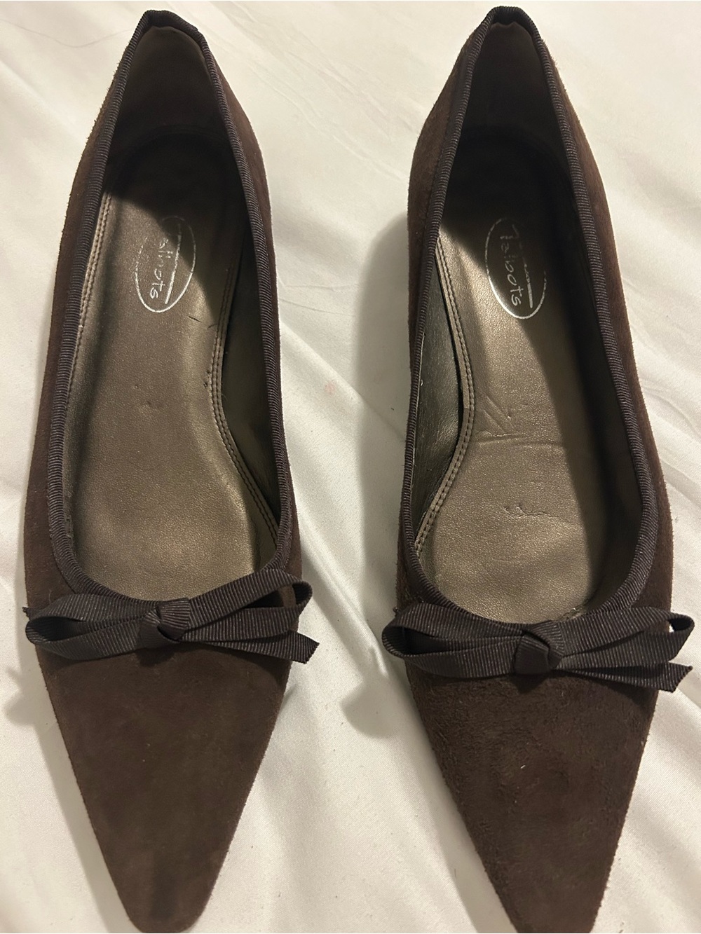 Talbots Women's Brown Suede Pointed-Toe Flats with Bow Trim